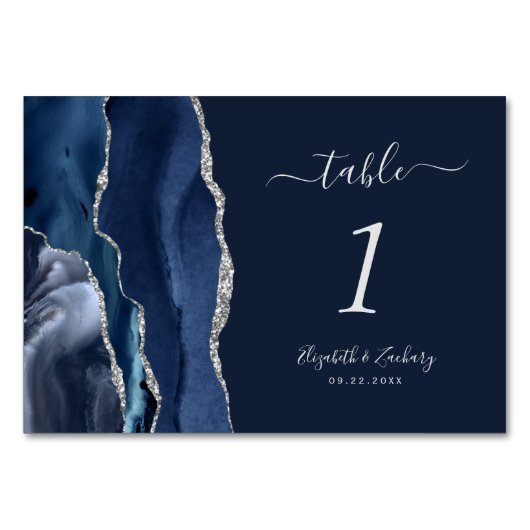 Moderne Navy Blue Silver Agate Hochzeit Tischnummer (Vorderseite)