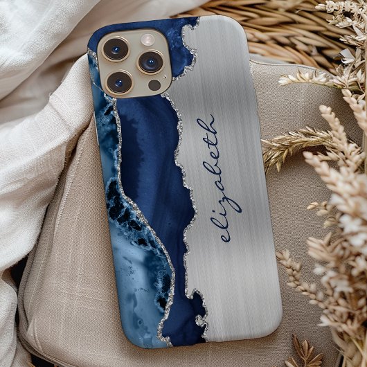Moderne Navy Blue Silver Agate Metallic Case-Mate iPhone Hülle