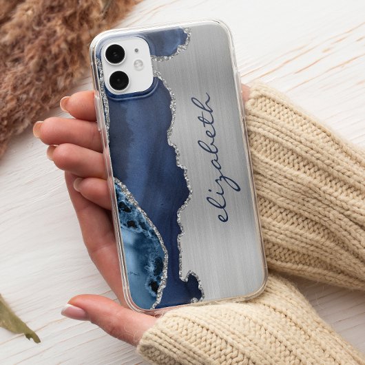 Moderne Navy Blue Silver Agate Metallic Case-Mate iPhone Hülle