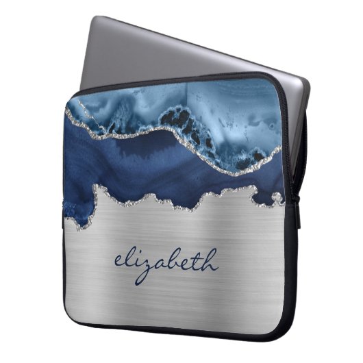 Moderne Navy Blue Silver Agate Metallic Laptopschutzhülle (Vorderseite Links)