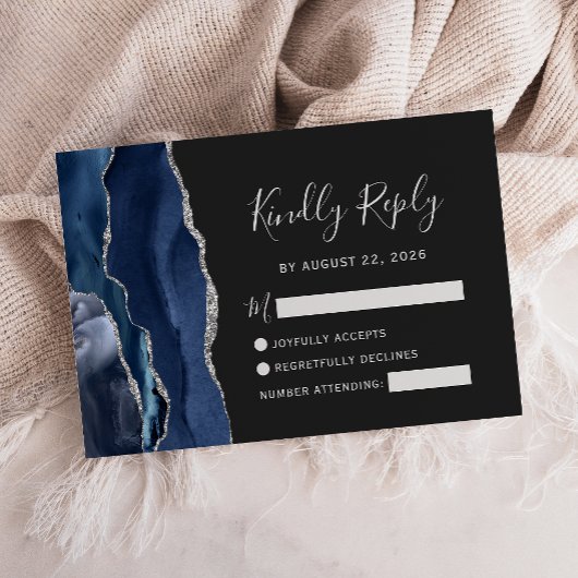 Moderne Navy Blue Silver Agate Wedding RSVP Card