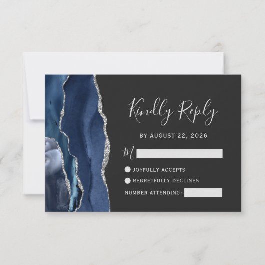 Moderne Navy Blue Silver Agate Wedding RSVP Card (Vorderseite)