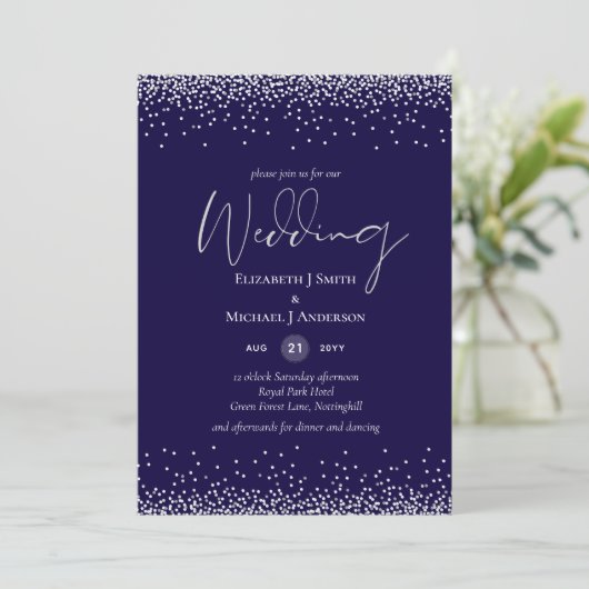 Moderne Navy Blue Silver Confetti Wedding (Stehend Vorderseite)