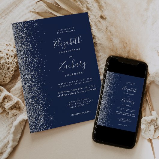 Moderne Navy Blue Silver Glitzer Edge Wedding Einladung