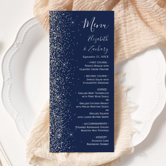 Moderne Navy Blue Silver Glitzer Edge Wedding Menükarte