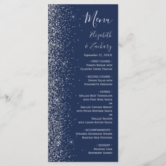 Moderne Navy Blue Silver Glitzer Edge Wedding Menükarte (Vorderseite)