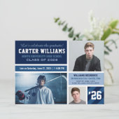 Moderne Navy Blue Strip Abschluss FotoCollage Einladung (Stehend Vorderseite)