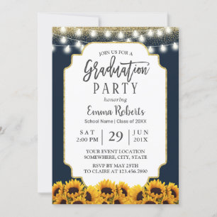 Moderne Navy Blue Sunflower Blume Graduation Party Einladung