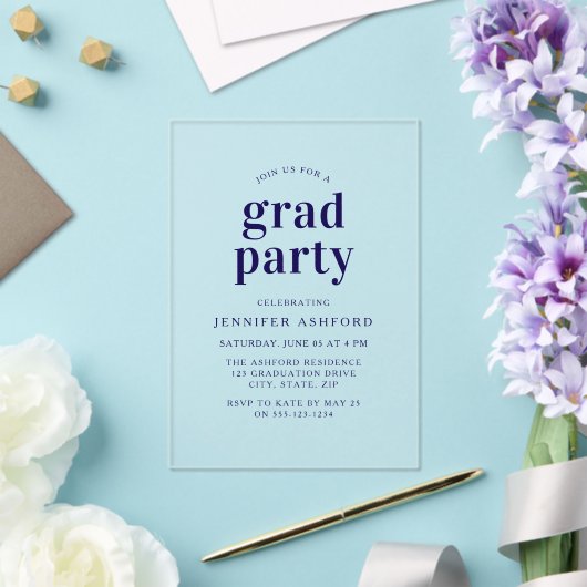 Moderne Navy Blue Trendy Graduation Party Acryleinladungen (In Situ (Hochzeit))