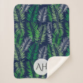 Moderne Navy Blue Tropical Pattern Greenerity Blät Sherpadecke (Vorderseite)