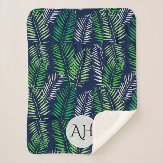 Moderne Navy Blue Tropical Pattern Greenerity Blät Sherpadecke (Vorderseite)