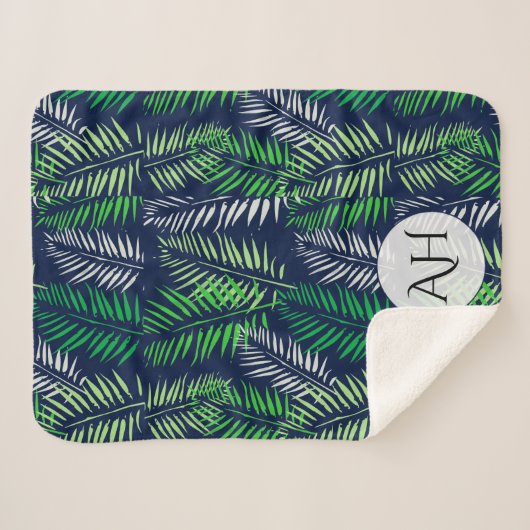 Moderne Navy Blue Tropical Pattern Greenerity Blät Sherpadecke (Vorderseite (Horizontal))