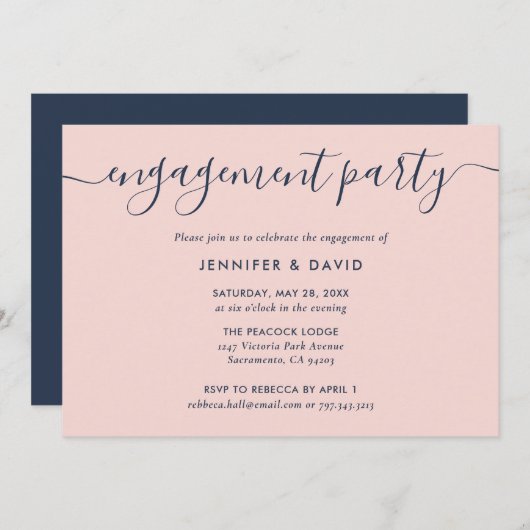 Moderne Navy Blue und Blush Engagement Party Einladung (Vorne/Hinten)