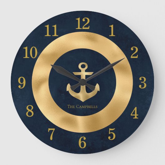 Moderne Navy Blue und Gold Nautical Anchor Große Wanduhr (Vorderseite)
