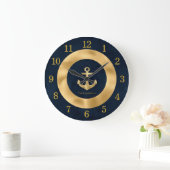 Moderne Navy Blue und Gold Nautical Anchor Große Wanduhr (Zuhause)