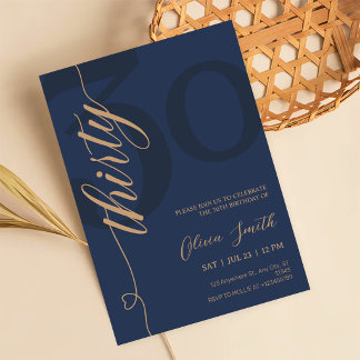 Moderne Navy-Blue- und Goldene 30. Geburtstagsfeie Einladung