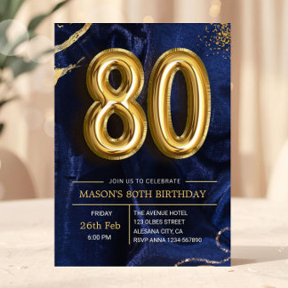 Moderne Navy-Blue- und Goldene 80. Geburtstagseinl Einladung