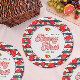 Moderne Navy Blue und White Stripes Berry First Pappteller