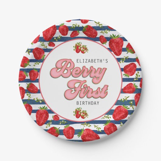 Moderne Navy Blue und White Stripes Berry First Pappteller (Vorderseite)