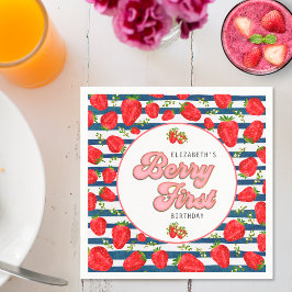 Moderne Navy Blue und White Stripes Berry First Serviette