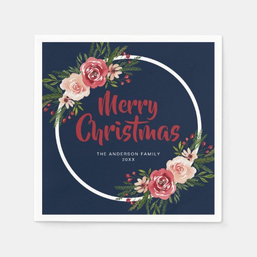 Moderne Navy Blue Watercolor-Blume Weihnachten Serviette (Vorderseite)