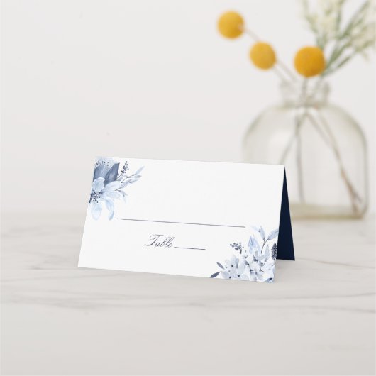 Moderne Navy Blue Watercolor Floral Platzkarte (Vorderseite)