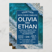Moderne Navy Blue Waves Summer Beach Hochzeit Einladung (Vorne/Hinten)