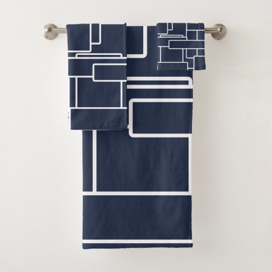 Moderne Navy Blue & White Abstrakt Geometric Badhandtuch Set (Insitu)