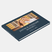 Moderne Navy Blue White Two Foto Hochzeit Gästebuch (Ecke)