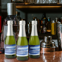 Moderne Navy Blue & White Wassercolor Pinselstrich Schaumweinetikett