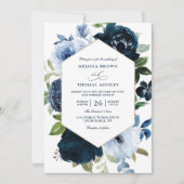 Moderne Navy Blumen Budget QR Code Hochzeit Einladung (Vorderseite)