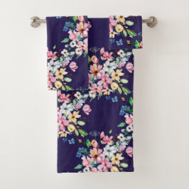 Moderne Navy Blush Pink Floral Print Badhandtuch Set