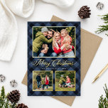 Moderne Navy Buffalo Kariert Weihnachtsfoto Collag Folien Feiertagskarte<br><div class="desc">Moderne und festliche karierte Foto-Urlaubskarte bietet eine Collage von 3 Fotos gerahmt durch eine Grenze und Akzente von realer Goldfolie und handbemalten Aquarellblau und schwarz Büffel karierten Karo gemusterten Hintergrund. Personalisieren Sie den "Einfachsten Weihnachtstext" mit Ihrem bevorzugten Wortlaut, Familiennamen und dem Jahr. Auf der Kartenrückseite befindet sich ein zusätzliches Foto...</div>