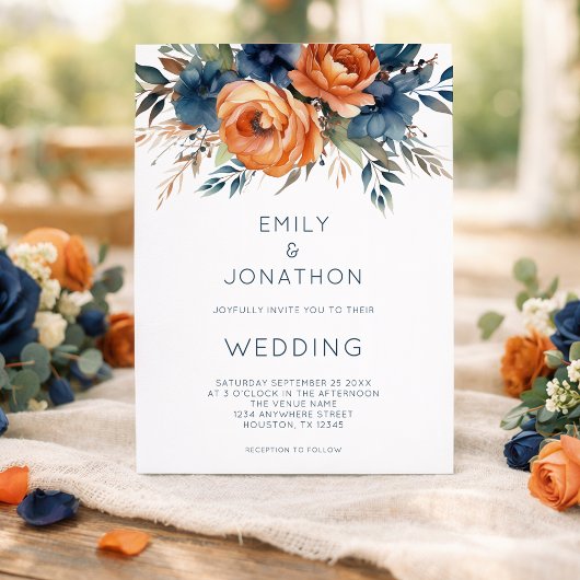 Moderne Navy Burnt Orange Florals QR-Code-Hochzeit Einladung