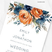 Moderne Navy Burnt Orange Florals QR-Code-Hochzeit Einladung