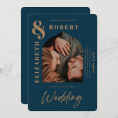 Moderne Navy fett gestyltes, feines Foto Hochzeit Einladung (Vorne/Hinten)
