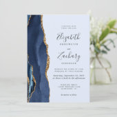 Moderne Navy Gold Agate Light Blue Wedding Einladung (Stehend Vorderseite)