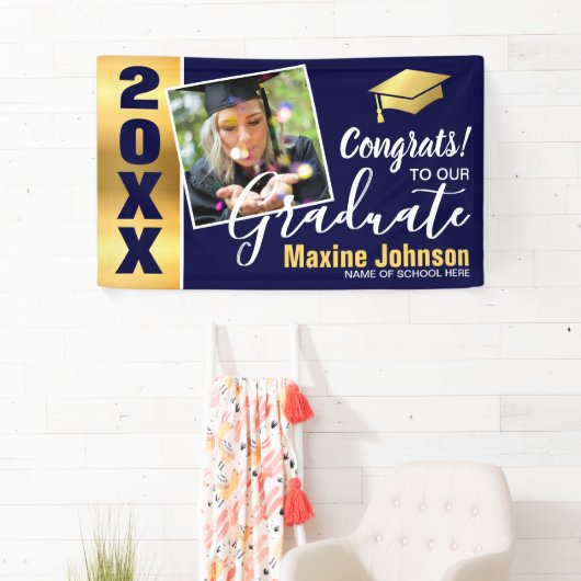 Moderne Navy & Gold Class 2025 Foto Abschluss Banner (Insitu)