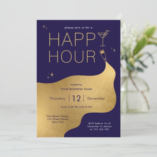 Moderne Navy & Gold Company Networking Happy Hour Einladung (Stehend Vorderseite)