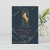 Moderne Navy-Gold-Geometric-Art-Deco-Save-the-Date (Stehend Vorderseite)