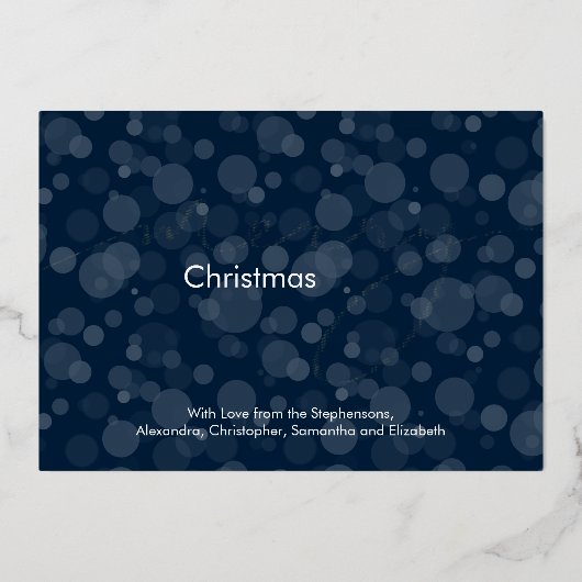 Moderne Navy Gold Script Bokeh Frohe Weihnachten Folieneinladung (Vorderseite)