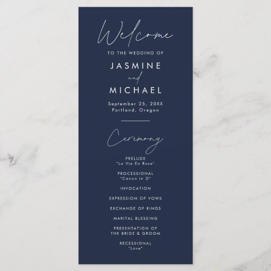 Moderne Navy-Hochzeitsprogramm Schriftart (Vorderseite)