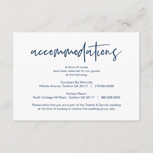 Moderne Navy lässig Eleganz Unterkünfte Hotels Begleitkarte (Vorderseite)