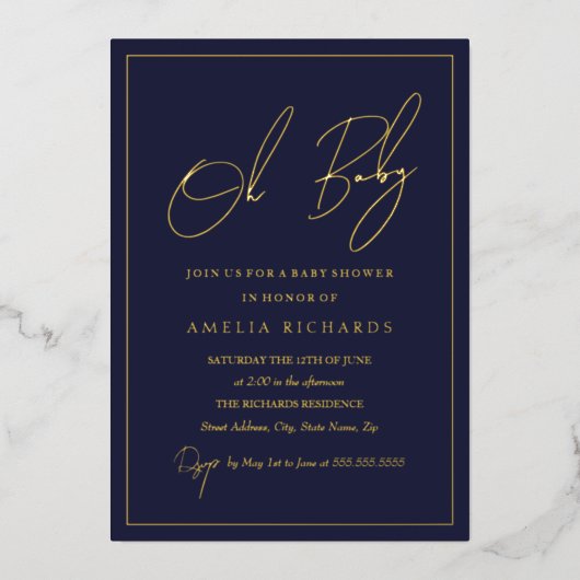 Moderne Navy Oh Baby Boy Babydusche Folieneinladung (Vorderseite)