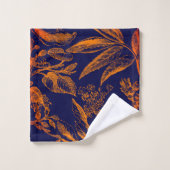 Moderne Navy Orange Blätter floral Badhandtuch Set (Waschlappen)