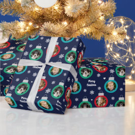 Moderne Navy Red Green Foto Ornamente Weihnachten Geschenkpapier