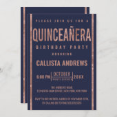 Moderne Navy Rose Gold Glitzer Frame Quinceñera Einladung (Vorne/Hinten)