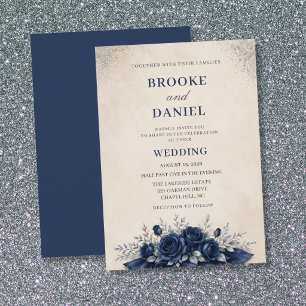 Moderne Navy-Rosen-Drapierte-Botanische-Hochzeit Einladung