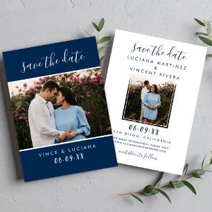 Moderne Navy-Script-Foto-Hochzeit Save The Date