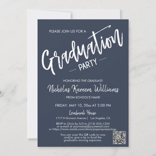 Moderne Navy Script QR Code Foto Graduation Party Einladung (Vorderseite)